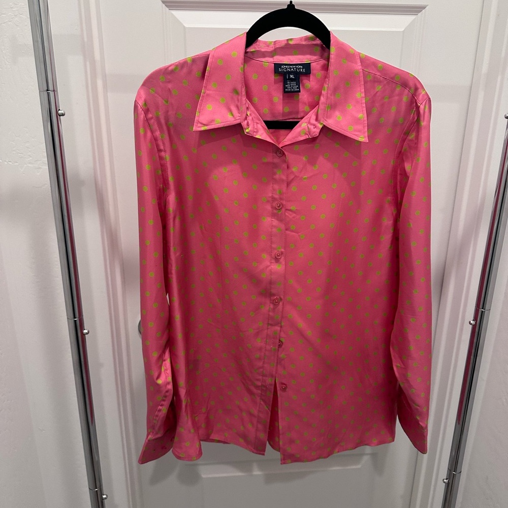Jones New York Pink Shirt with Green Dots